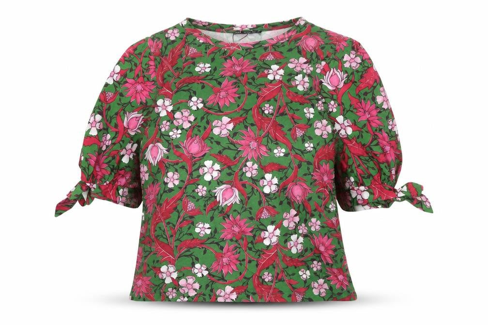 Zara Womens Green Floral 100% Cotton Basic Blouse Size S Round Neck