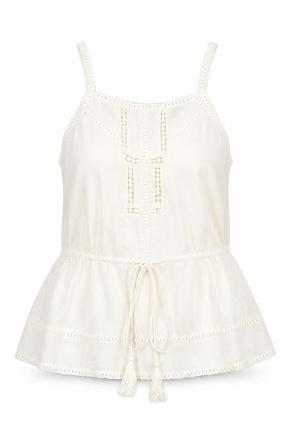 Front view of ASOS women’s ivory polyester basic tank, size UK 12, square neck