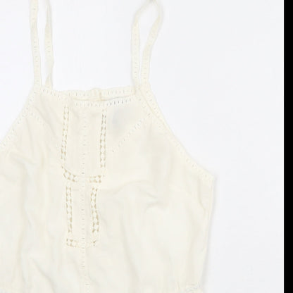 Close-up detail of ASOS women’s ivory polyester basic tank, size UK 12, square neck