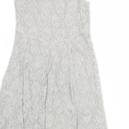 Simclan Womens Grey Geometric Polyester Trapeze & Swing Size 8 Scoop Neck Zip