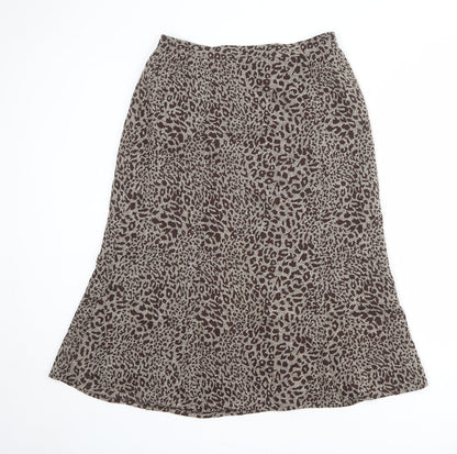 Front view of Oscar B women’s brown animal print polyester a-line skirt, size UK 14, zip - leopard pattern