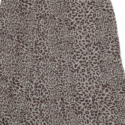 Brand and care label for Oscar B women’s brown animal print polyester a-line skirt, size UK 14, zip - leopard pattern
