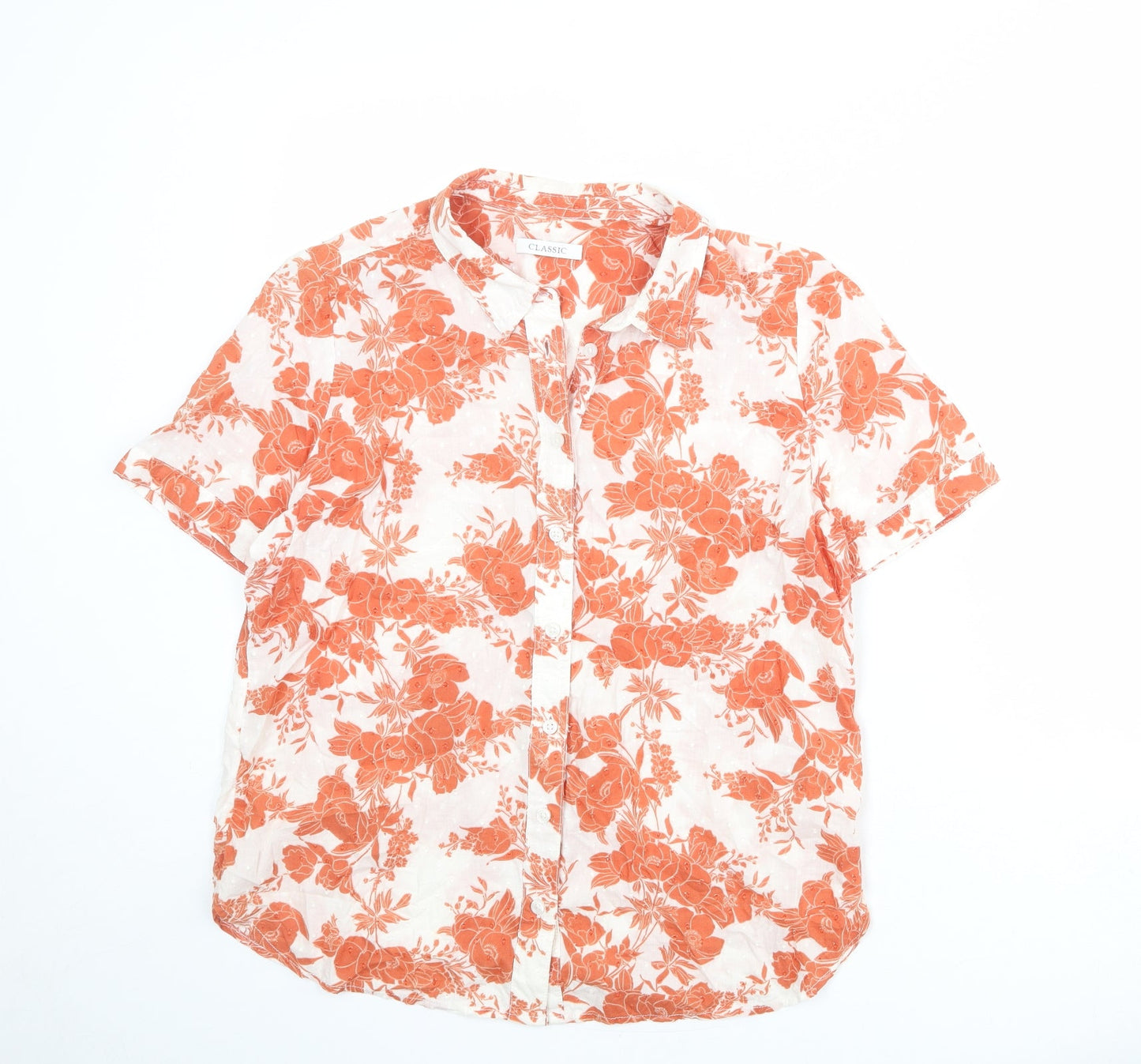 Classic Womens White Floral 100% Cotton Basic Button-Up Size 14 Collared