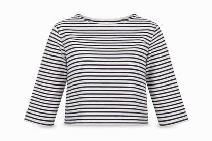 Front view of ASOS women’s white striped polyester cropped blouse, size UK 18, round neck