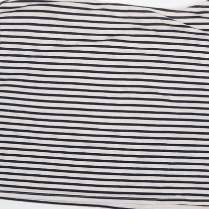 Brand and care label for ASOS women’s white striped polyester cropped blouse, size UK 18, round neck