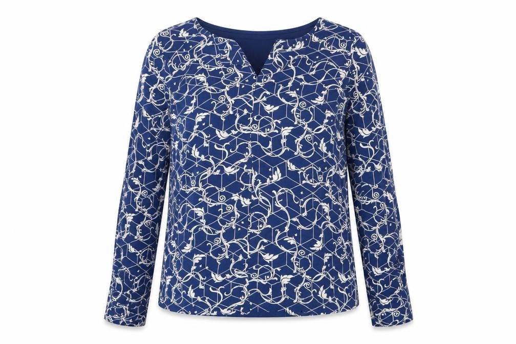 ML Womens Blue Geometric Viscose Basic Blouse Size M V-Neck