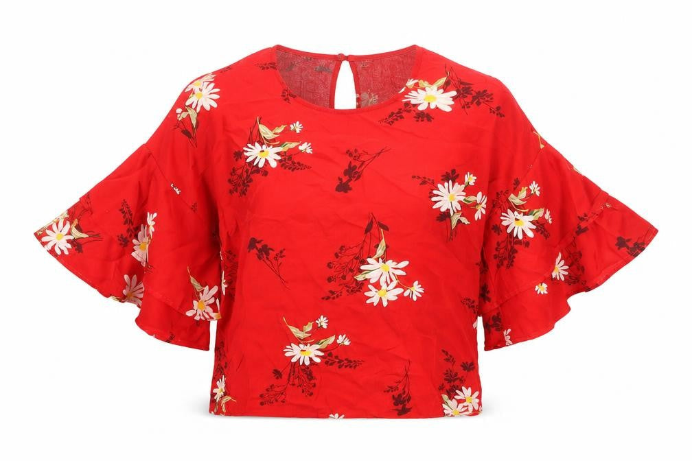 Warehouse Womens Red Floral Viscose Basic Blouse Size 8 Round Neck