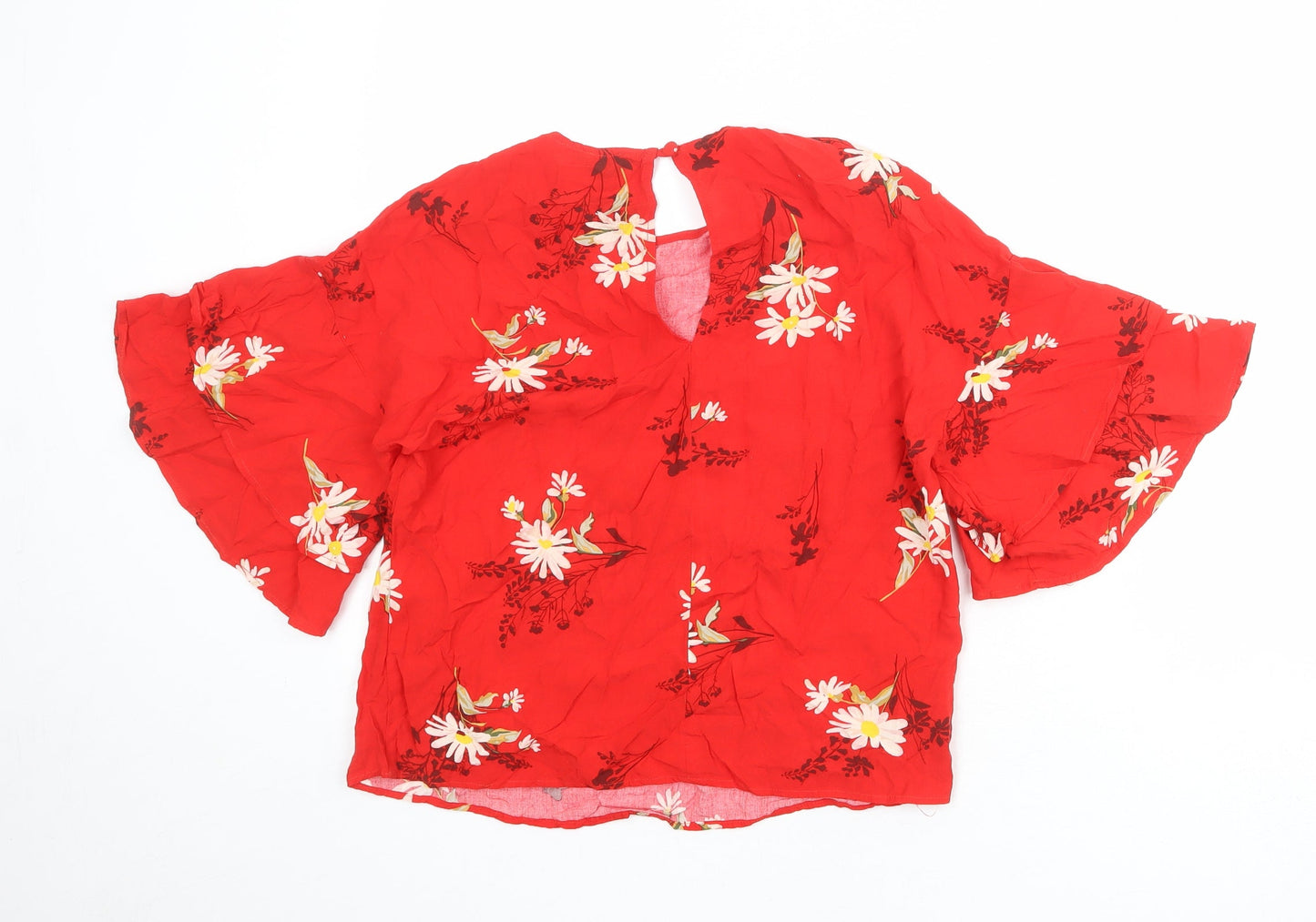 Warehouse Womens Red Floral Viscose Basic Blouse Size 8 Round Neck