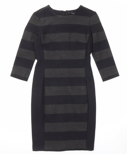 Additional front view of Oui women’s black striped polyester shift, size UK 10, round neck zip