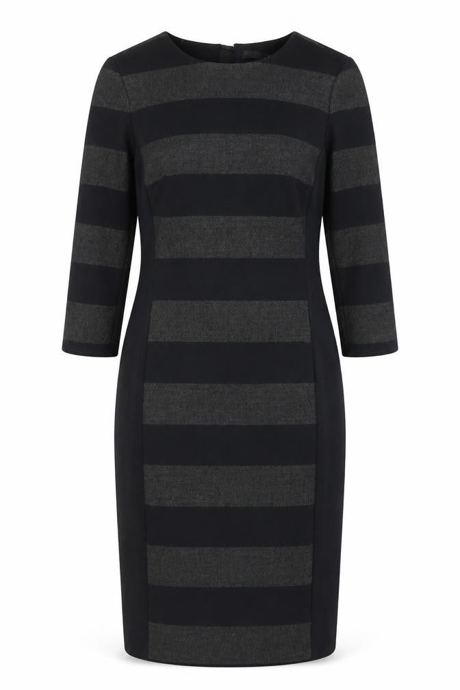 Oui Womens Black Striped Polyester Shift Size 10 Round Neck Zip