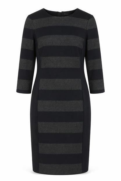 Front view of Oui women’s black striped polyester shift, size UK 10, round neck zip