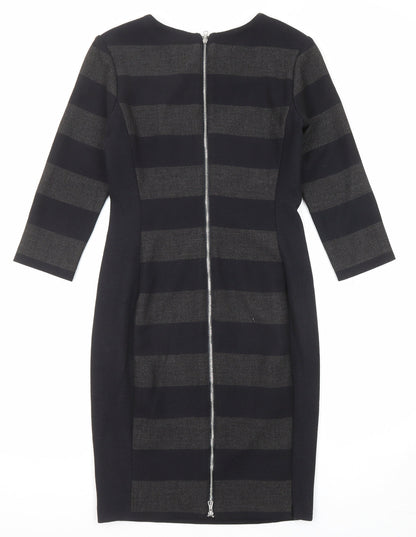 Back view of Oui women’s black striped polyester shift, size UK 10, round neck zip