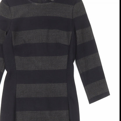 Close-up detail of Oui women’s black striped polyester shift, size UK 10, round neck zip