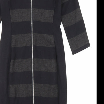 Brand and care label for Oui women’s black striped polyester shift, size UK 10, round neck zip
