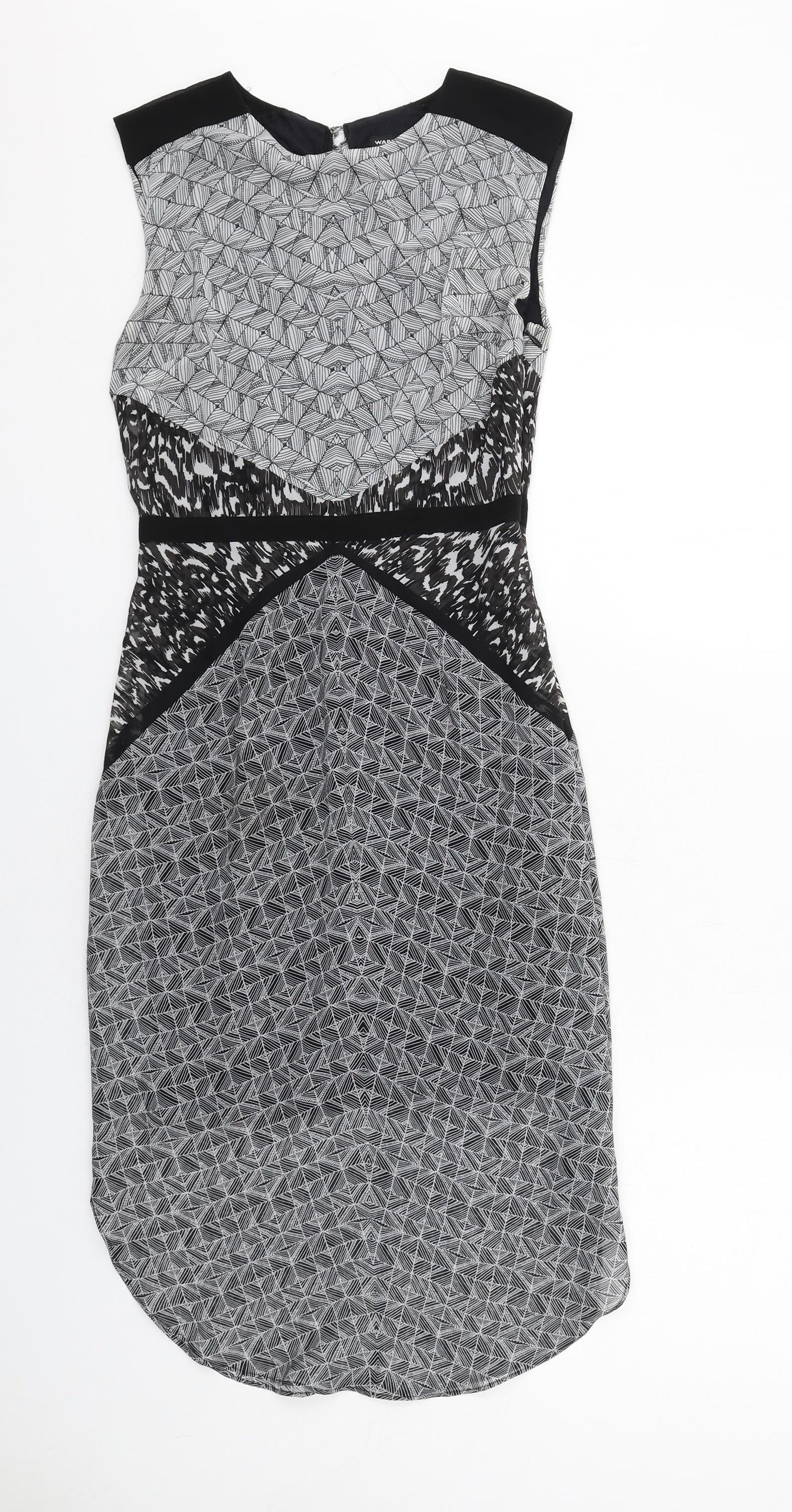 Warehouse Womens Grey Geometric Polyester Sheath Size 8 Round Neck Zip