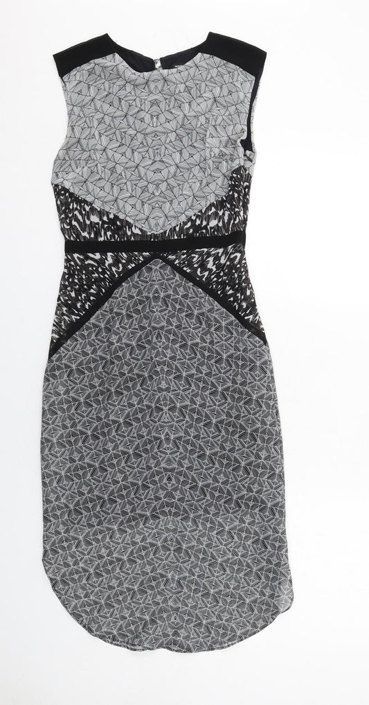 Warehouse Womens Grey Geometric Polyester Sheath Size 8 Round Neck Zip