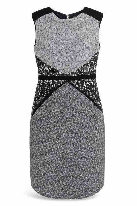 Warehouse Womens Grey Geometric Polyester Sheath Size 8 Round Neck Zip