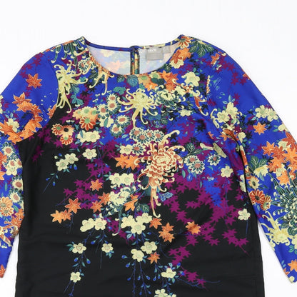 Close-up detail of ASOS women’s multicoloured floral polyester shift, size UK 10, round neck button