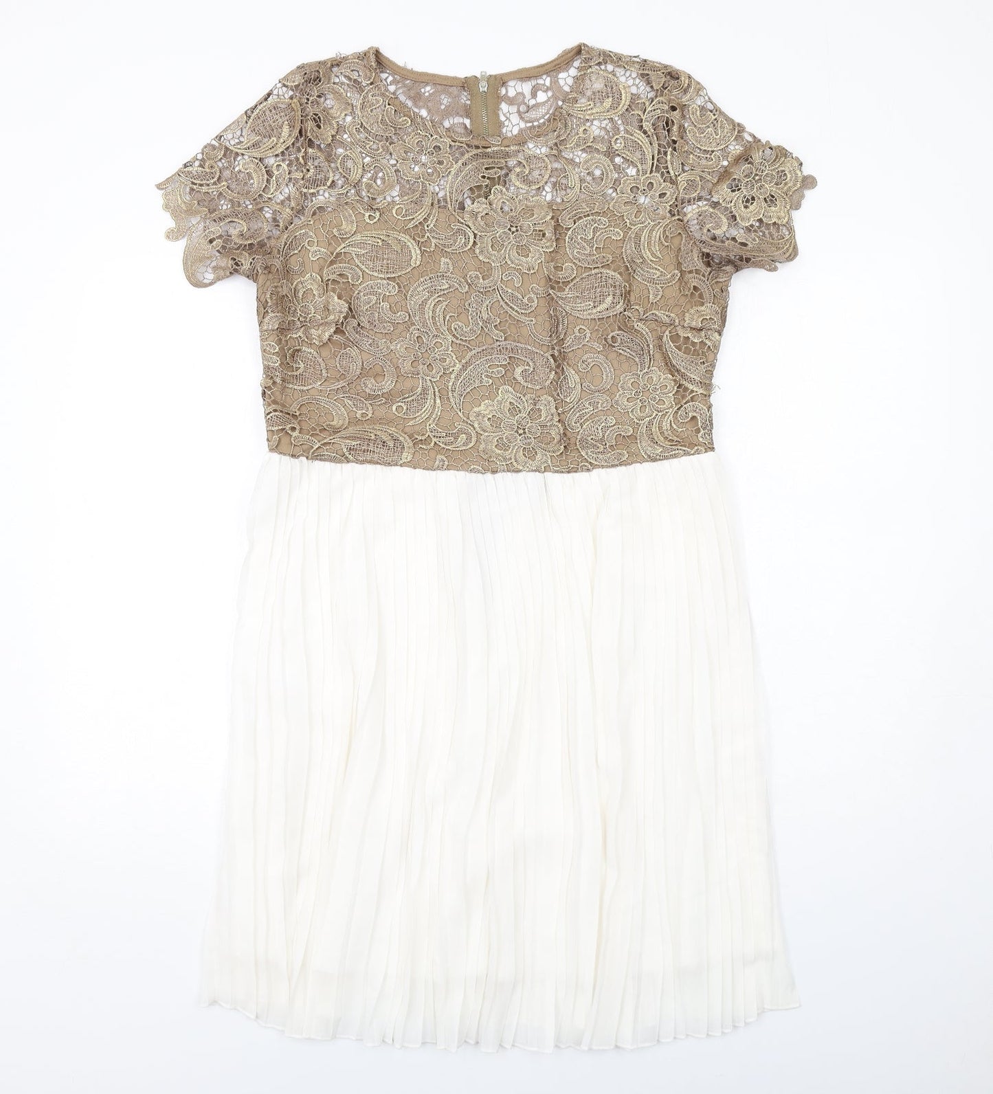 Club L Womens White Colourblock Polyester A-Line Size 14 Boat Neck Zip - Crocheted Lace Top