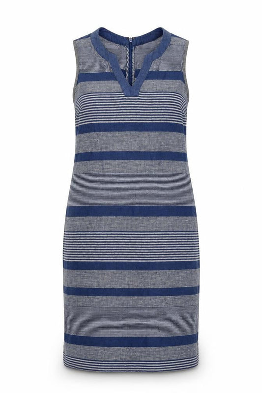 Paul Costelloe Womens Blue Striped Cotton Shift Size 10 V-Neck Zip