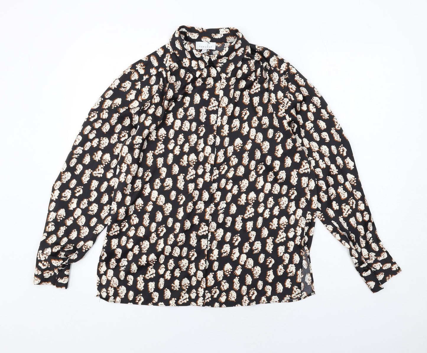 Topshop Womens Black Geometric Polyester Basic Button-Up Size 8 Collared
