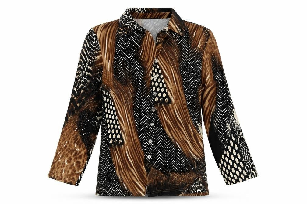 Anna Rose Womens Brown Geometric Polyester Basic Button-Up Size S Collared