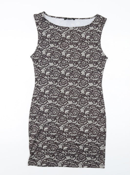 FOREVER 21 Womens Grey Floral Polyester Shift Size M Boat Neck Pullover