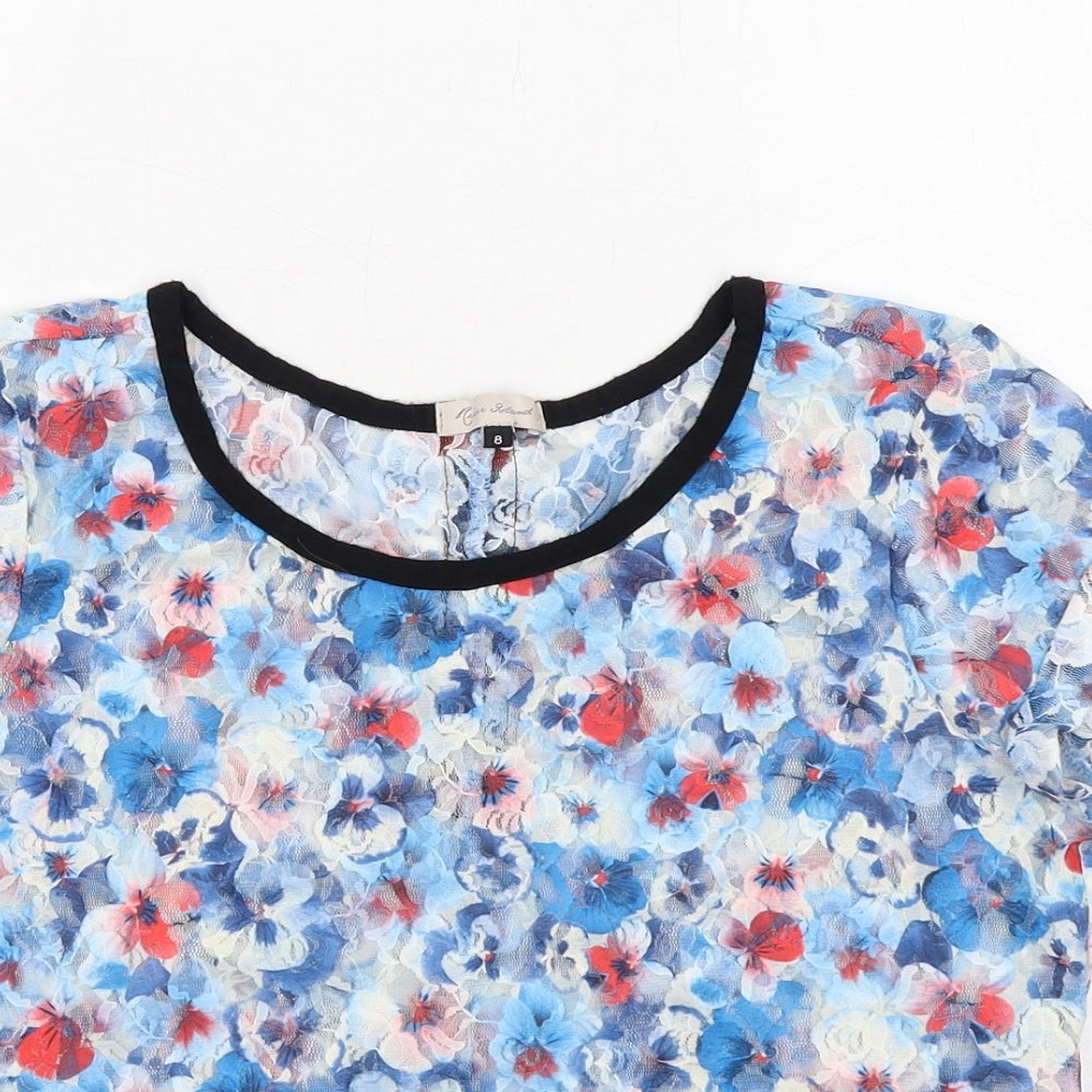 River Island Womens Blue Floral Polyester Basic T-Shirt Size 8 Round Neck