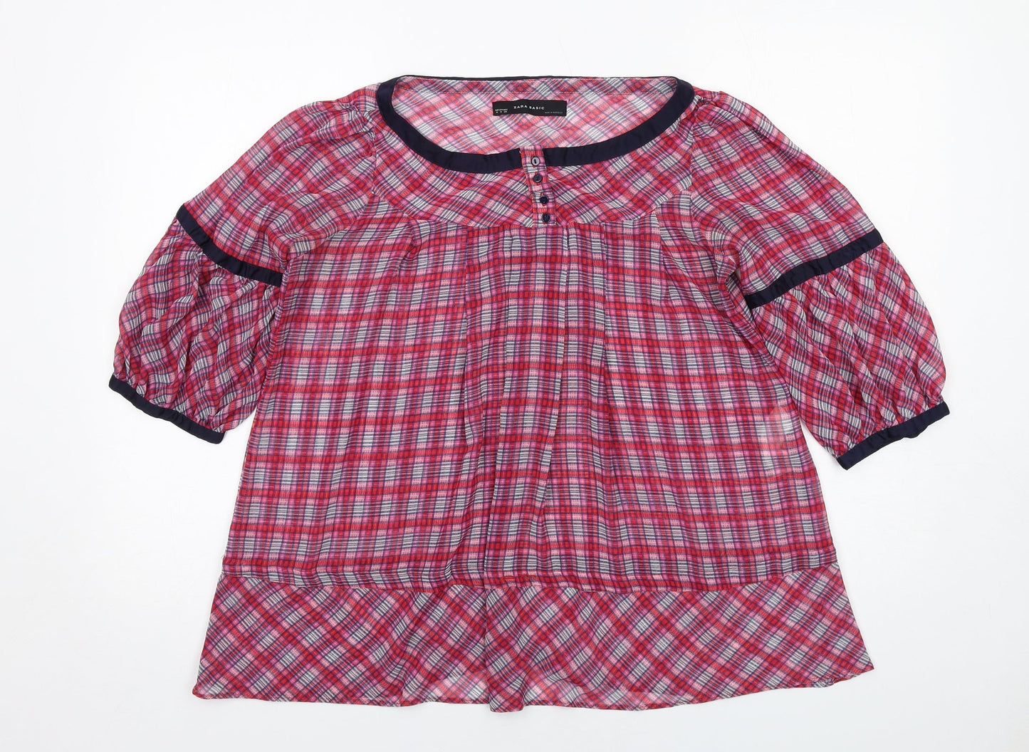 Zara Womens Pink Plaid Polyester Basic Blouse Size M Round Neck