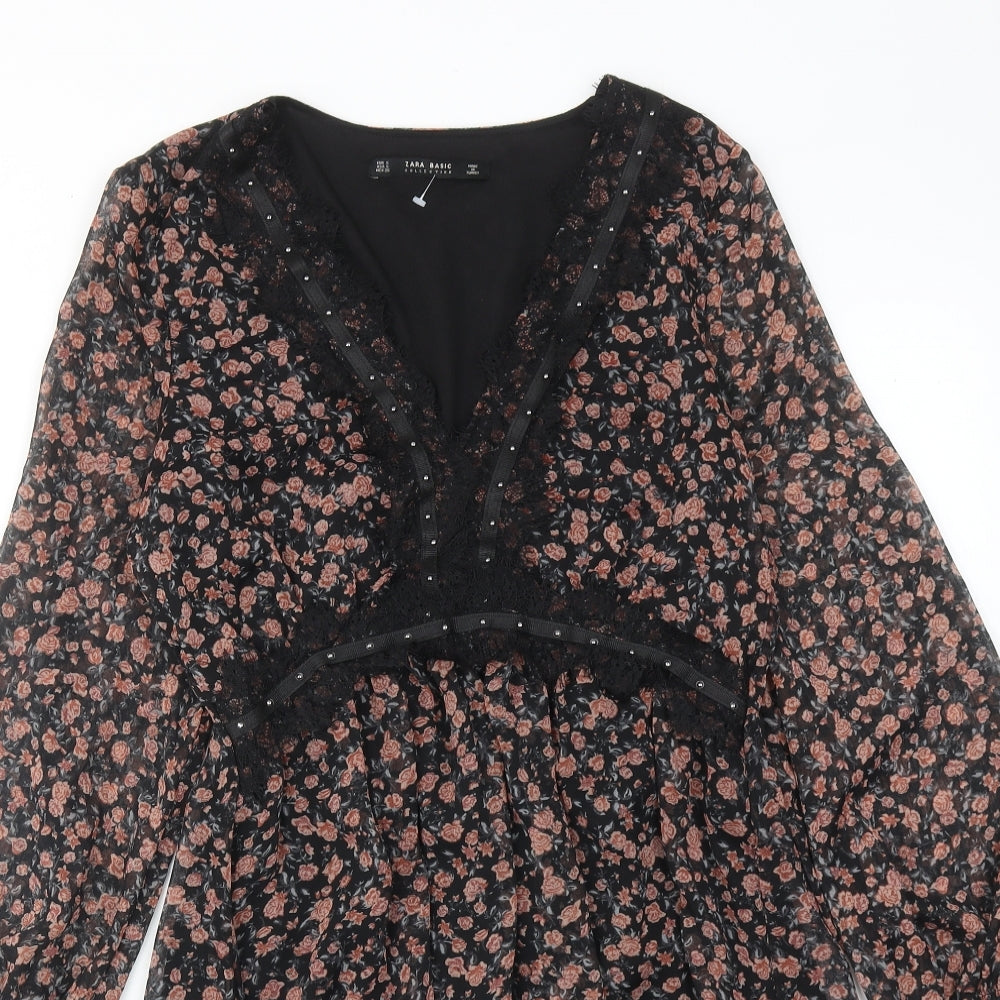 Zara Womens Multicoloured Floral Polyester A-Line Size S V-Neck Pullover