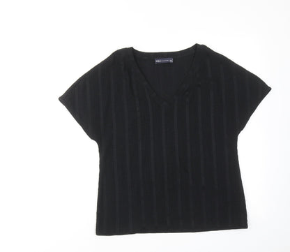 Marks & Spencer Womens Black Striped Polyester Basic T-Shirt Size 6 V-Neck
