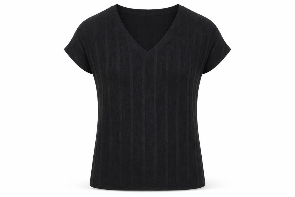 Marks & Spencer Womens Black Striped Polyester Basic T-Shirt Size 6 V-Neck