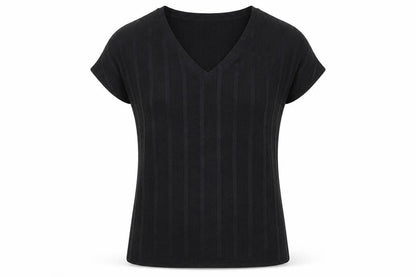 Marks & Spencer Womens Black Striped Polyester Basic T-Shirt Size 6 V-Neck