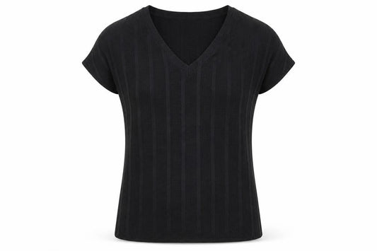 Marks and Spencer Womens Black Striped Polyester Basic T-Shirt Size 6 V-Neck