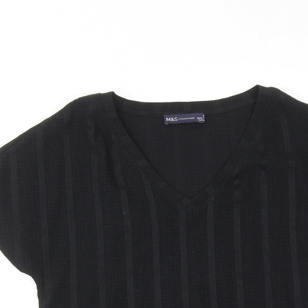 Marks and Spencer Womens Black Striped Polyester Basic T-Shirt Size 6 V-Neck