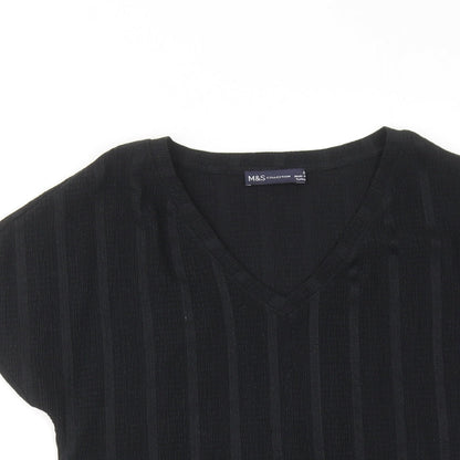 Marks & Spencer Womens Black Striped Polyester Basic T-Shirt Size 6 V-Neck