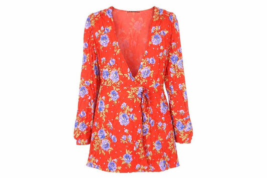 Zara Womens Red Floral Viscose Wrap Dress Size S V-Neck Tie
