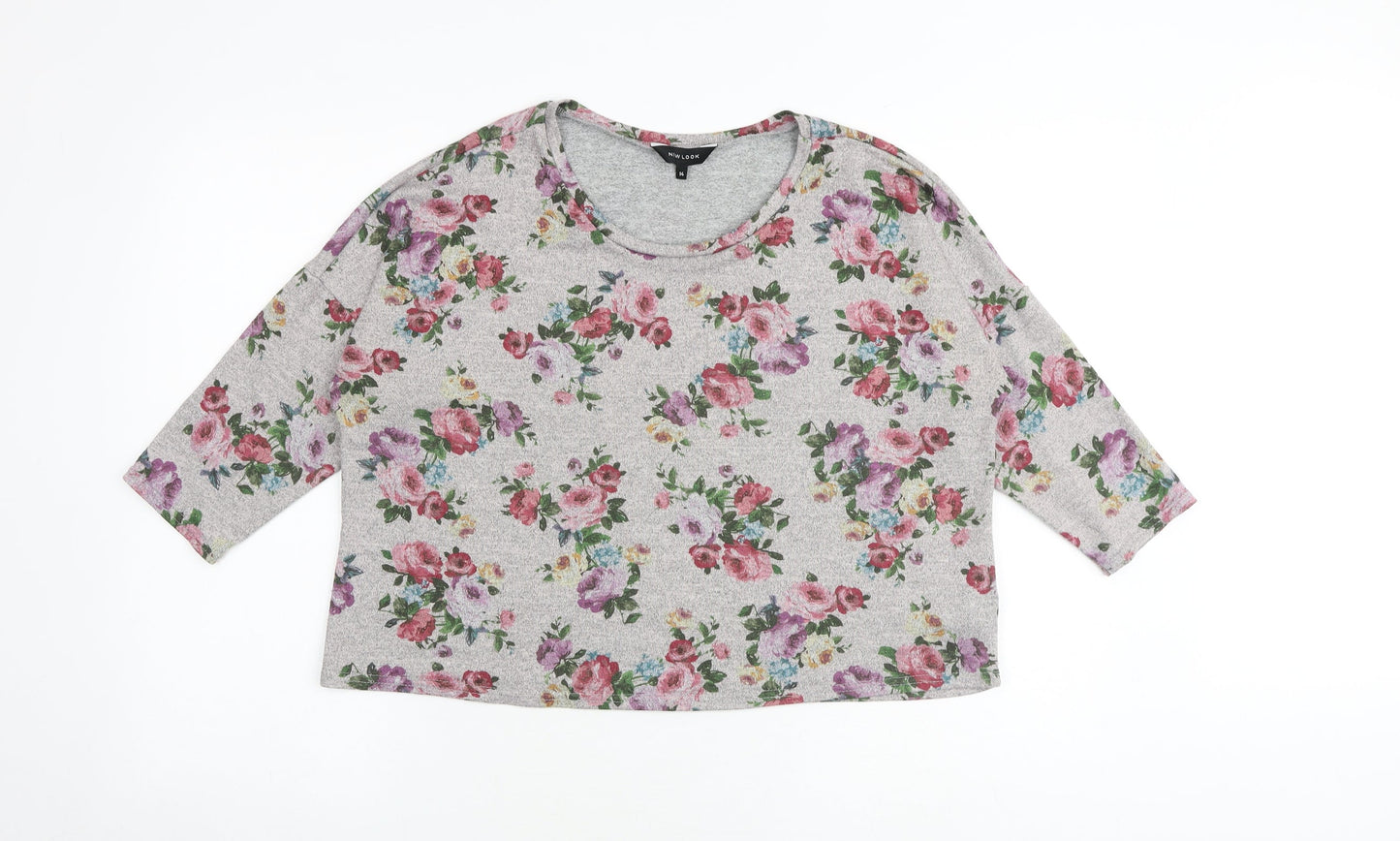 New Look Womens Grey Floral Polyester Cropped Blouse Size 14 Round Neck