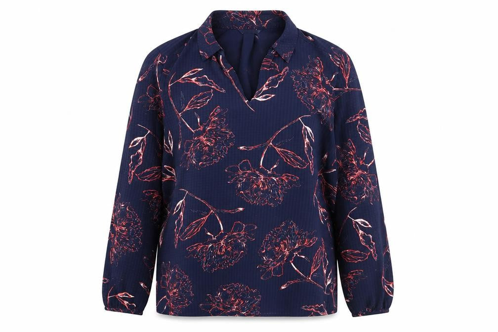 Classic Womens Blue Floral Polyester Basic Blouse Size 12 Collared