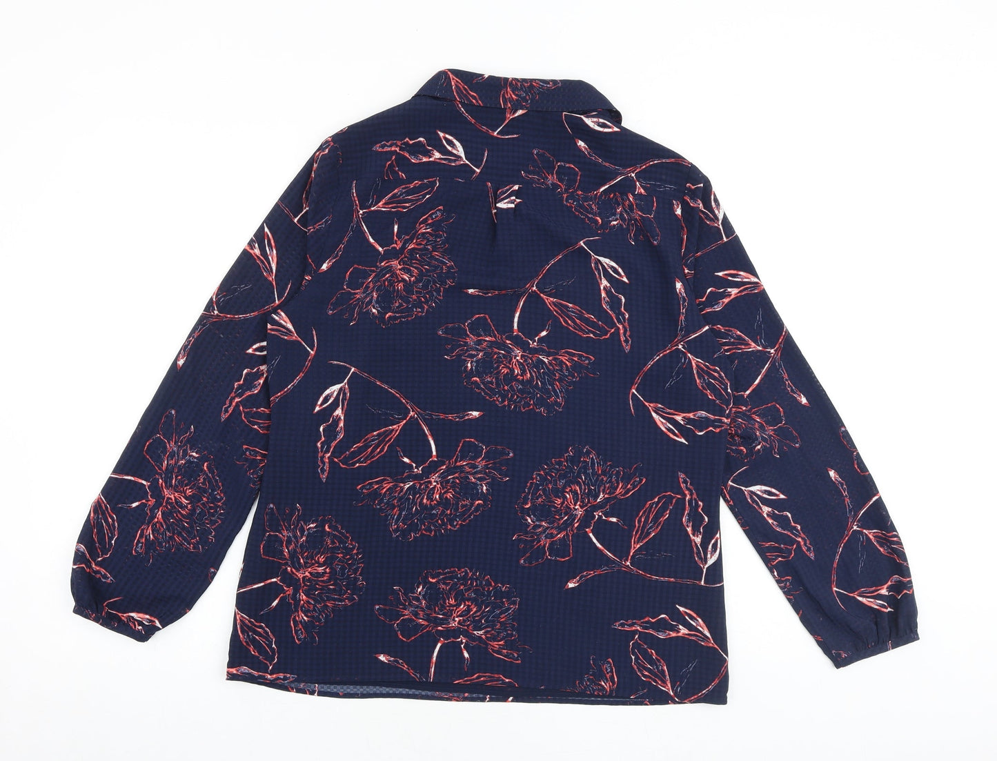 Classic Womens Blue Floral Polyester Basic Blouse Size 12 Collared