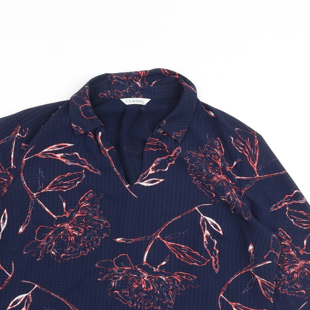 Classic Womens Blue Floral Polyester Basic Blouse Size 12 Collared