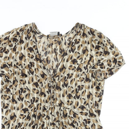 Close-up detail of BCBGMAXAZRIA women’s brown geometric polyester basic blouse, size S, v-neck