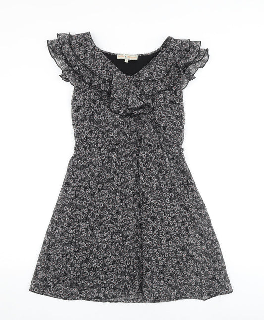Billie Blossom Womens Black Geometric Polyester A-Line Size 6 V-Neck Zip