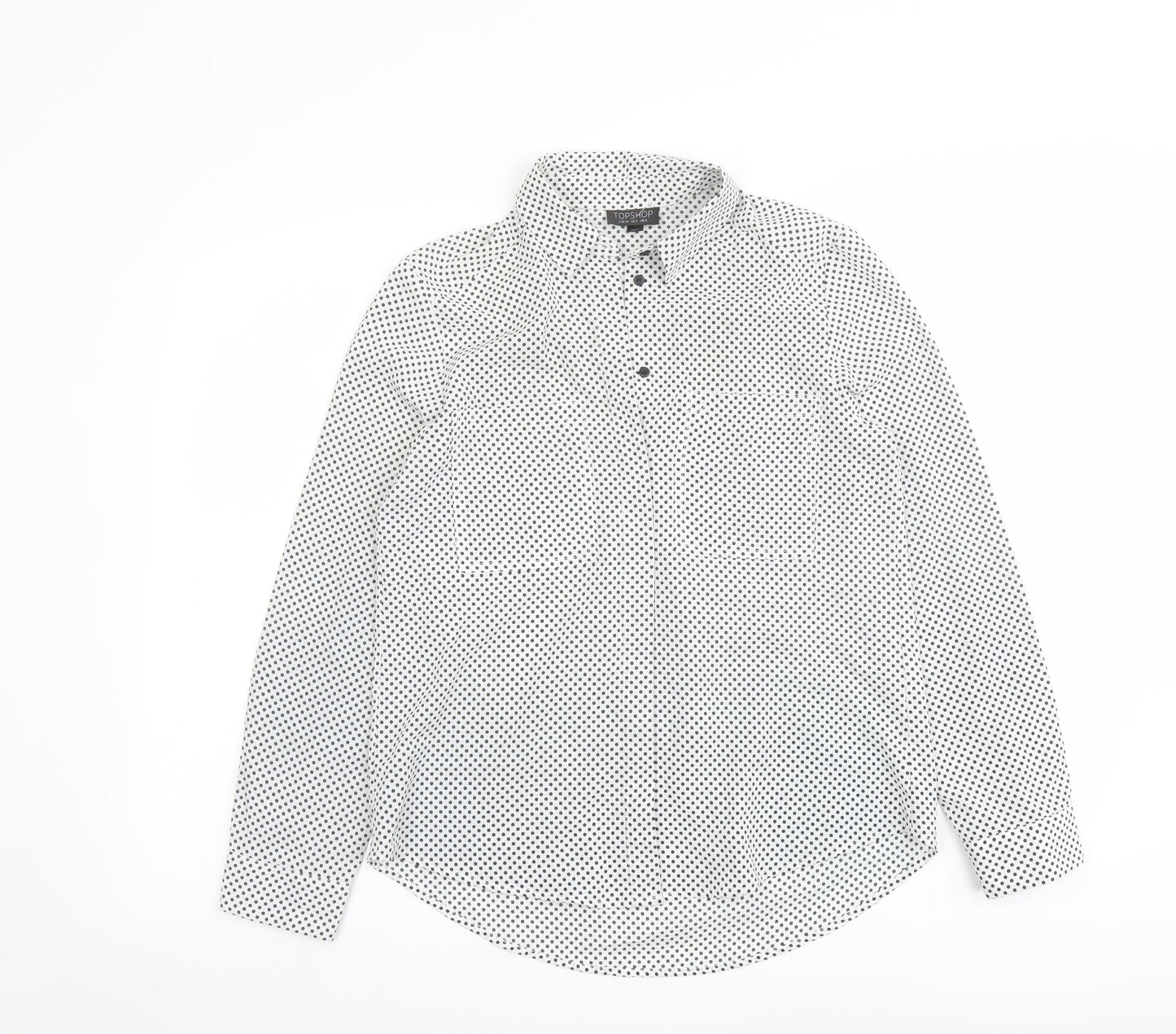 Topshop Womens White Polka Dot Polyester Basic Button-Up Size 8 Collared