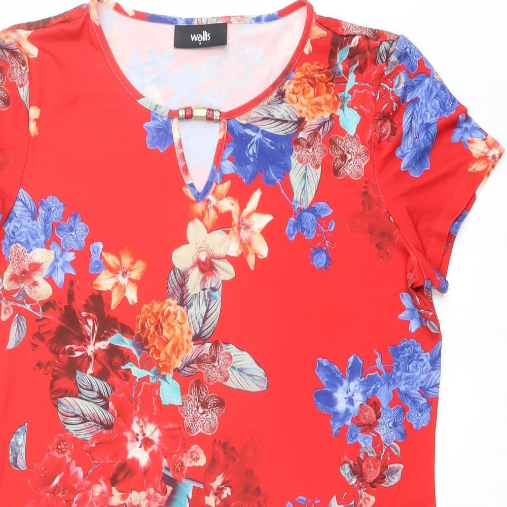 Wallis Womens Red Floral Polyester Basic T-Shirt Size S Round Neck