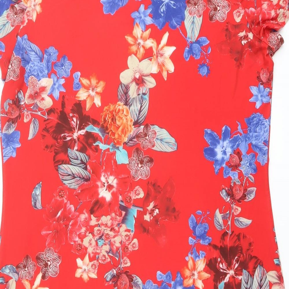 Wallis Womens Red Floral Polyester Basic T-Shirt Size S Round Neck
