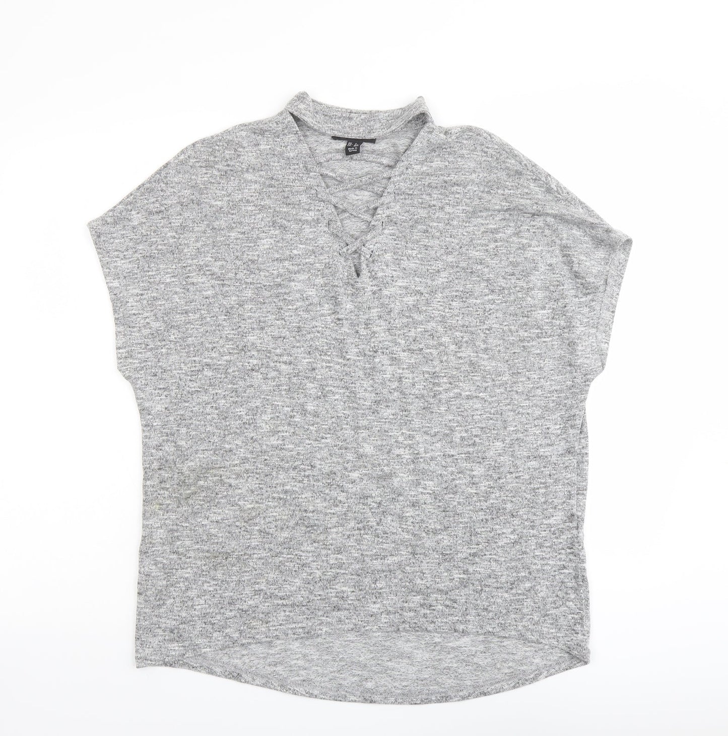 New Look Womens Grey Polyester Basic Blouse Size S Mock Neck - Lace Up Detail
