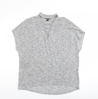 New Look Womens Grey Polyester Basic Blouse Size S Mock Neck - Lace Up Detail