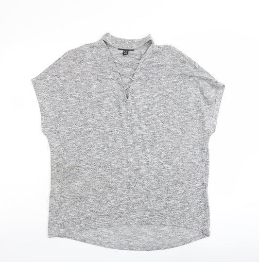 New Look Womens Grey Polyester Basic Blouse Size S Mock Neck - Lace Up Detail