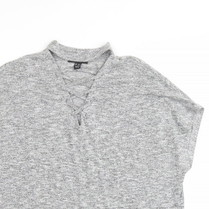 New Look Womens Grey Polyester Basic Blouse Size S Mock Neck - Lace Up Detail